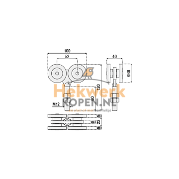 Dubbele hangrol 4 vlakke wielen met kogellagers